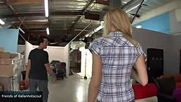 Gorgeous blonde girl, let's fuck with that hot guy and his huge cock outdoors in cowgirl and missionary.