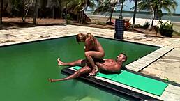 Two hot couples meet at the pool for double penetration anal action outdoors