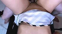 The 18-year-old college girl in uniform impresses her math teacher with skills and invites him home for more.