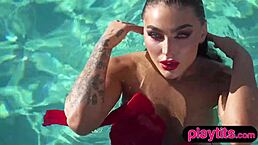 stunning big ass beauty casually strips off her clothes to reveal naked curves by the poolside.