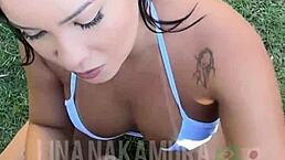 That hot Japanese babe sucked and rode until she drained every drop from the big black cock in the parking lot