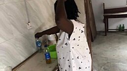 Ebony house maid bends over for freestyle fucking in kitchen with big ass spread wide