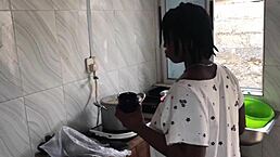 Ebony house maid bends over for freestyle fucking in kitchen with big ass spread wide