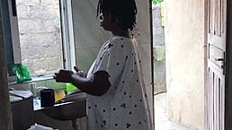 Ebony house maid bends over for freestyle fucking in kitchen with big ass spread wide