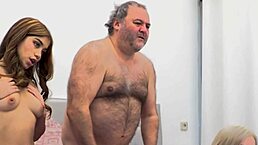 two horny latina and redhead girls bent over sharing a small cock in wet threesome