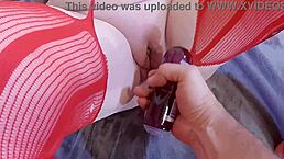 Hey granny Carmen, why ride that black dildo in red outfit until you cum hard?