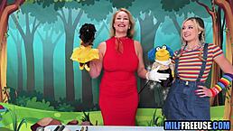 Blonde Milf and Teen 18+ Engage in Deepthroat Blowjob and Fucking in FFM Threesome on Sesame Street Movie Set