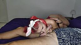 Leashed girl sucks big cock deeply then gets wet pussy fucked doggystyle with ass covered in sperm