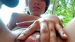 Sweet girl SPREADS her virgin pussy. Using VIBRATOR to make it WET and sexy outdoors.