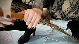 Halloween 2021 backstage with Regina Noir as witch in black sexy Playboy bunny suit.