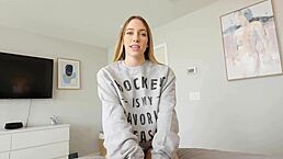 my hot blonde step sis, khloe kapri, trades sex for hockey tickets in the bedroom. she's teasing with her tight pussy while riding cowgirl style.