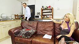 that amazing blonde milf in stockings just craves his firm touch on the sofa