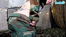 Naughty teen 18+ soldier almost caught masturbating in the field with wet pussy and tits exposed