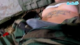 Naughty teen 18+ soldier almost caught masturbating in the field with wet pussy and tits exposed