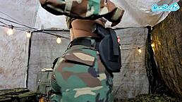 Naughty teen 18+ soldier almost caught masturbating in the field with wet pussy and tits exposed