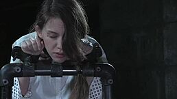 Whipped religious sub gets punished for her beliefs with vibrator bondage and whipping in garage maledom scene