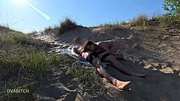 Petite brunette teen in thong panties gets rough outdoor fucking with deepthroat gagging choking doggystyle creampie and romantic passionate flashing on beach.
