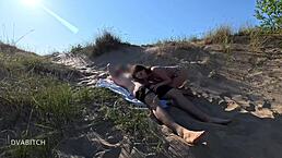Petite brunette teen in thong panties gets rough outdoor fucking with deepthroat gagging choking doggystyle creampie and romantic passionate flashing on beach.
