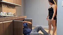 tiny colombian girl hires plumber and gets tight asshole fixed in homemade kitchen action