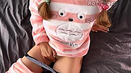 I'm a petite teen 18+ in pajama rubbing small tits and masturbating shaved pussy to orgasm close-up in cosplay