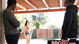Pool girl with perfect body gets dominated by two BBCs in intense interracial encounter.