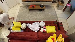 hot wife welcomes delivery boy on sofa for interracial sex leading to creampie orgasm while cuckold husband watches