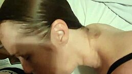 Sexy wife teases husband with deepthroat blowjob on bed until he bends her over doggystyle and cums on big ass.