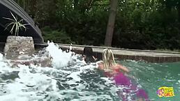 Incredible Poolside Romp With Stunning Blonde And Busty Brunette Hotties!