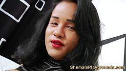 Shemale in mask masturbates until she cums hard.