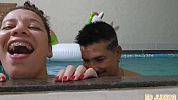 Is this ninfomaniaca actress really fucking the actor in the pool during recording break with deepthroat and creampie?