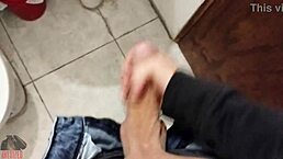 He captures fresh footage of himself masturbating in POV style while alone in the bathroom for a homemade solo session