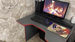 Brunette step sister in Christmas costume surprises with her big natural tits and submissive holes as a gift on the kitchen desk.