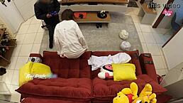 hot wife welcomes delivery boy on sofa for interracial sex leading to creampie orgasm while cuckold husband watches