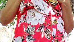 Hot blonde shows off her natural tits and hairy body outside