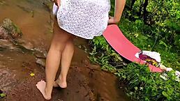 I felt so exposed standing doggystyle outdoors pulling up my dress showing no panties under upskirt mother-in-law barefoot