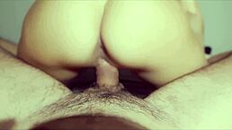 I rub my shaved pussy on his cock. Then I ride him in cowgirl position.