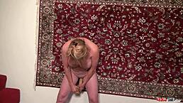 mature blonde with huge tits shoves massive dildo deep into her pink cherry for solo fun