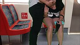 girl in dress without panties on the train gives a stranger a handjob and a blowjob in public