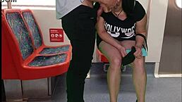 girl in dress without panties on the train gives a stranger a handjob and a blowjob in public