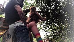 i'm out in the backyard fucking the redhead sex toy's ass hard