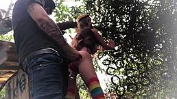 i'm out in the backyard fucking the redhead sex toy's ass hard