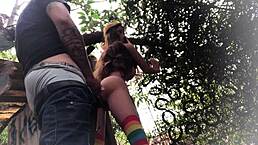 i'm out in the backyard fucking the redhead sex toy's ass hard