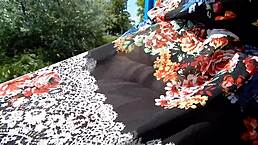 Hairy mature walks in transparent dress outdoors