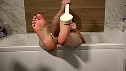 do you want to wash my feet with foot fetish from mature milf in bath showing big tits