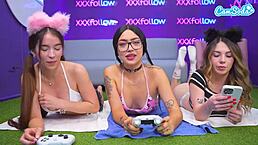 Oh man I love how this hot latina gamer girl rides my huge cock while playing and takes cumshot on her natural tits