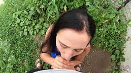 horny student gives blowjob behind garages to her neighbor friend in pov style