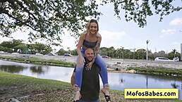 PETITE BLONDE TEEN SEDUCED by MUSCULAR BALD DUDE near LAKE