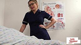 british nurse in stockings and heels gives voyeur instructions to sub patient with big tits face sitting