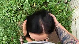 horny student gives blowjob behind garages to her neighbor friend in pov style