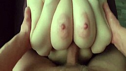 Busty girl GRABS my cock for TITJOB. I CUM all over her HUGE TITS!